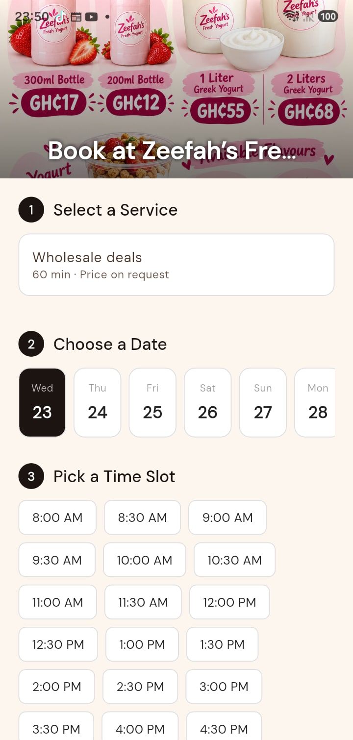 The FINDR appointments booking screen, showing select a service, choose a date and pick a time slot