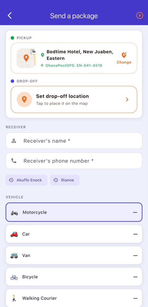 The FINDR Send a package screen with pickup, drop-off and vehicle choices