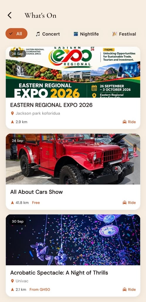 The FINDR What's On list showing the Eastern Regional Expo 2026 and a classic car show with dates