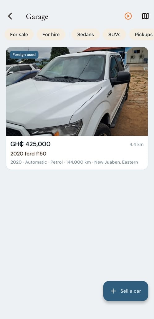 The FINDR Garage list showing a Ford F150 pickup for sale with price and details