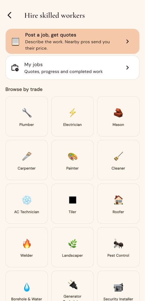 The FINDR Hire skilled workers screen with post a job and a grid of trades