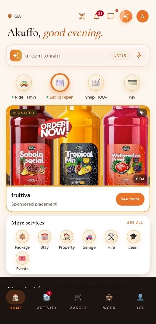The FINDR home screen, with Ride, Eat, Shop and Pay tiles