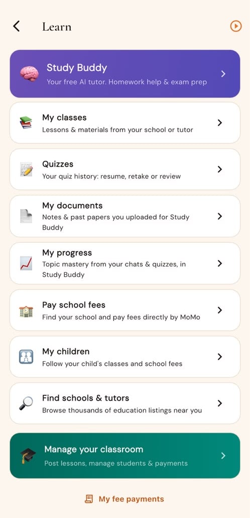 The FINDR Learn hub with Study Buddy, classes, quizzes and progress