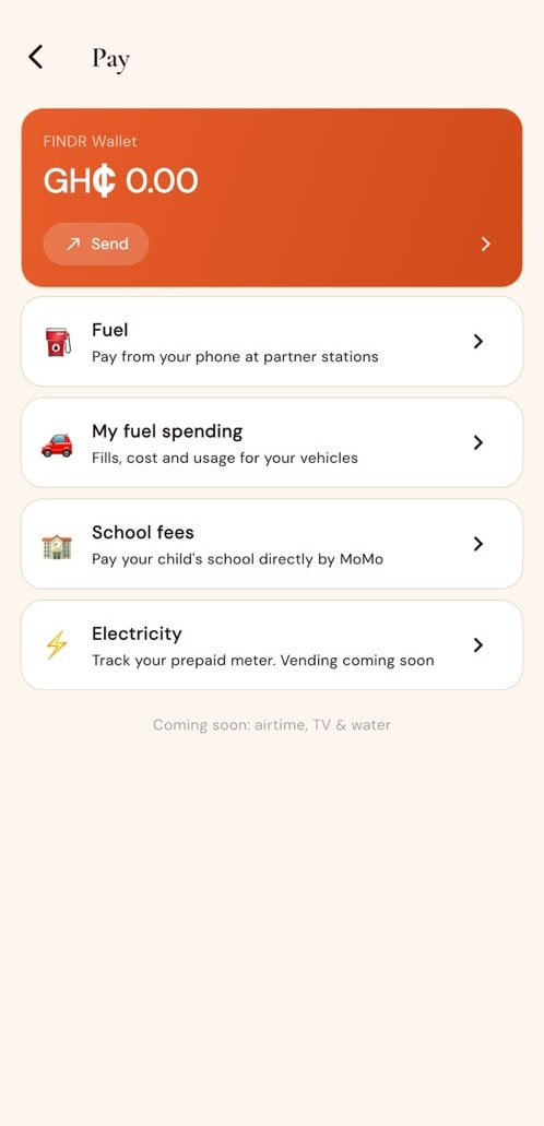 The FINDR Pay hub with Wallet, Fuel, School fees and Electricity