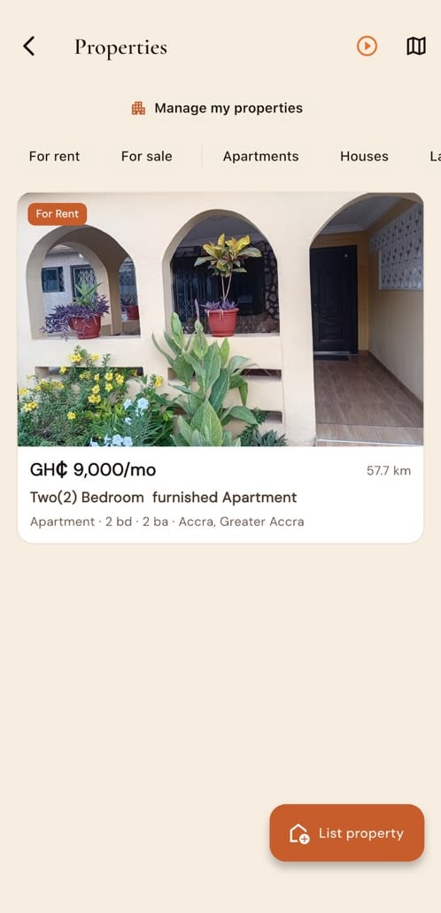 The FINDR Properties list showing a furnished apartment for rent with price and location