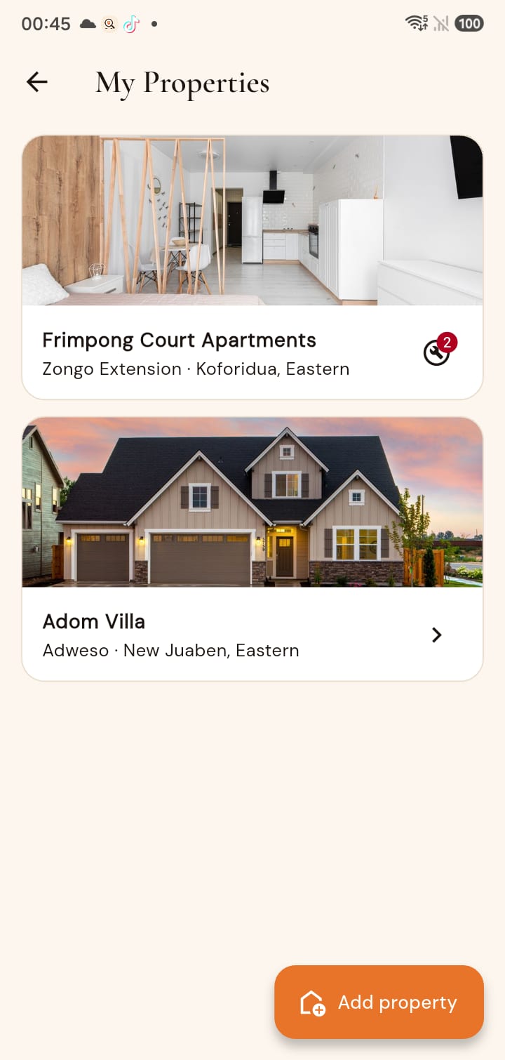 The FINDR My Properties screen, where a landlord adds a property, invites residents and a caretaker, and tracks maintenance