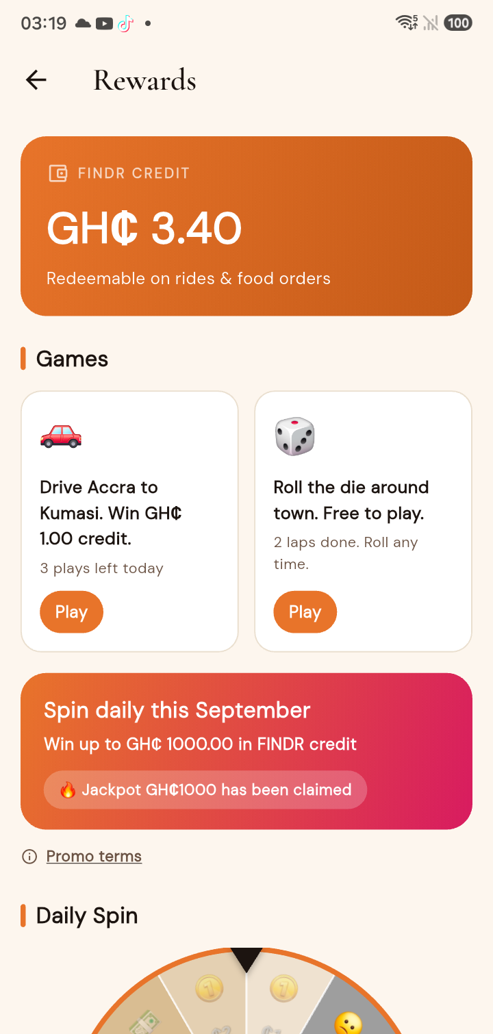 The FINDR Rewards screen with FINDR Credit, games and the Daily Spin