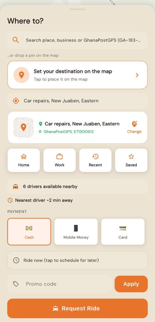 The FINDR ride request screen with destination search, drivers nearby and Request Ride