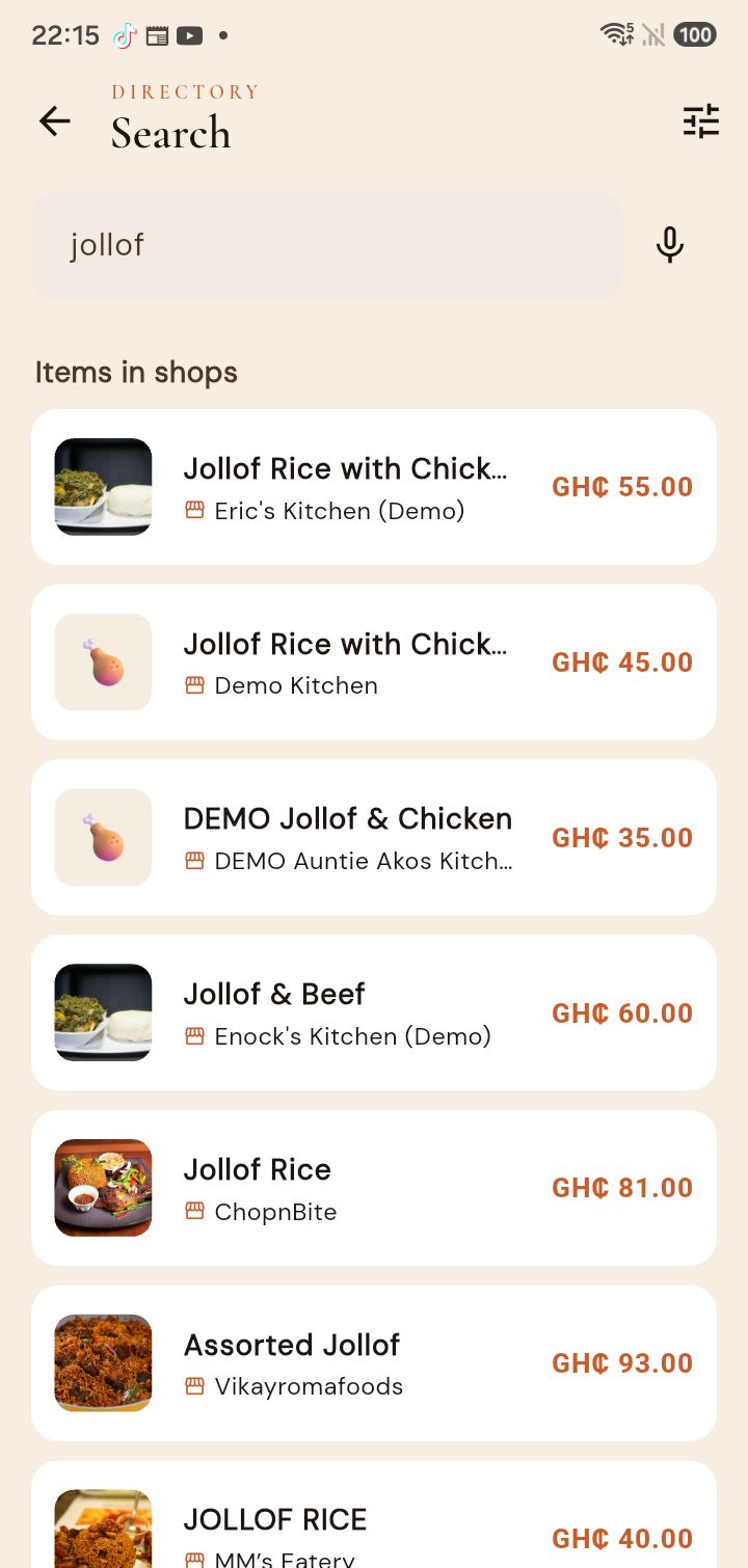 The FINDR search screen showing a jollof search with dishes and prices across shops