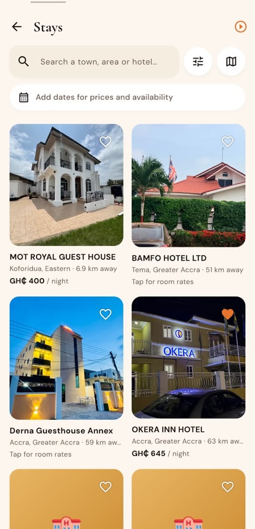 The FINDR Stays list showing real Ghana hotels and guesthouses with pictures and nightly prices
