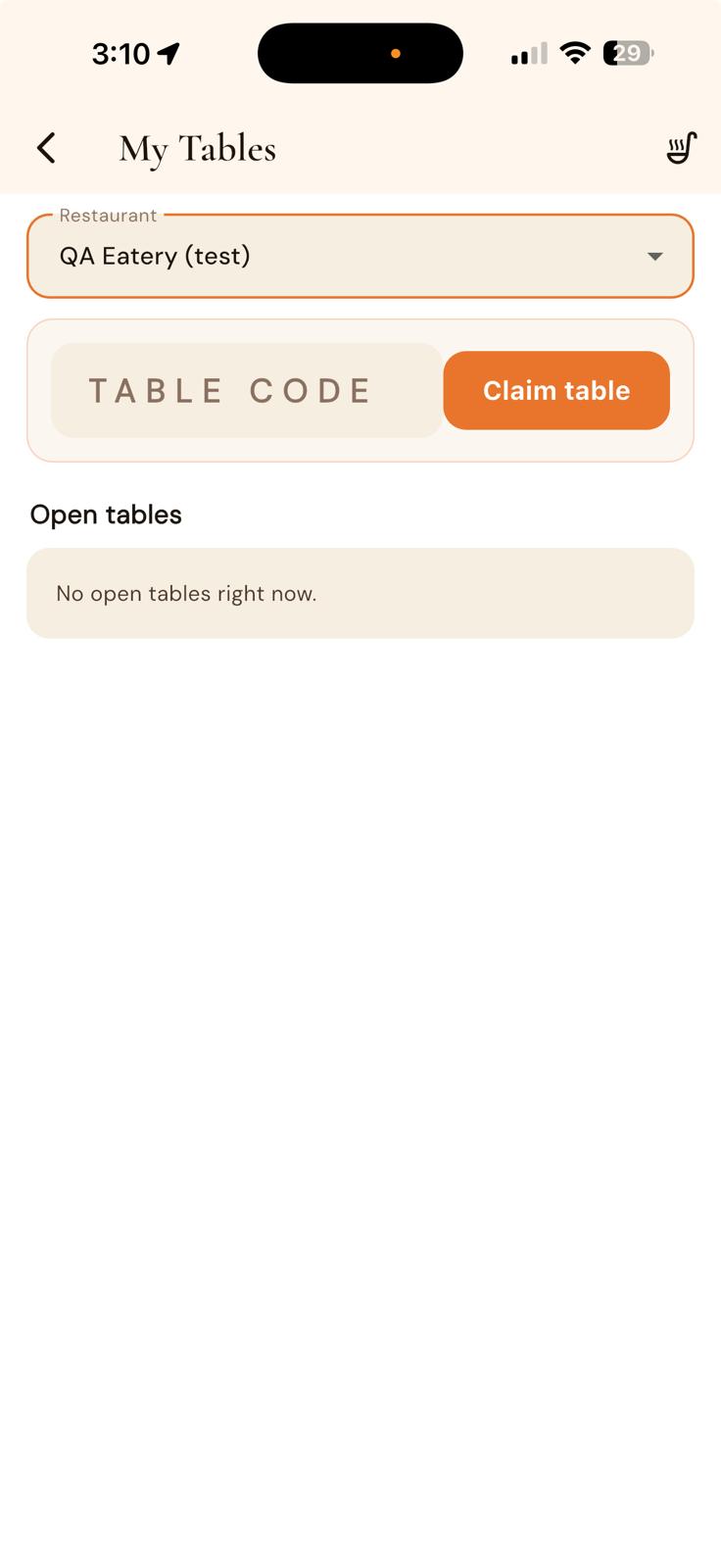 Guest claiming a table to order in FINDR