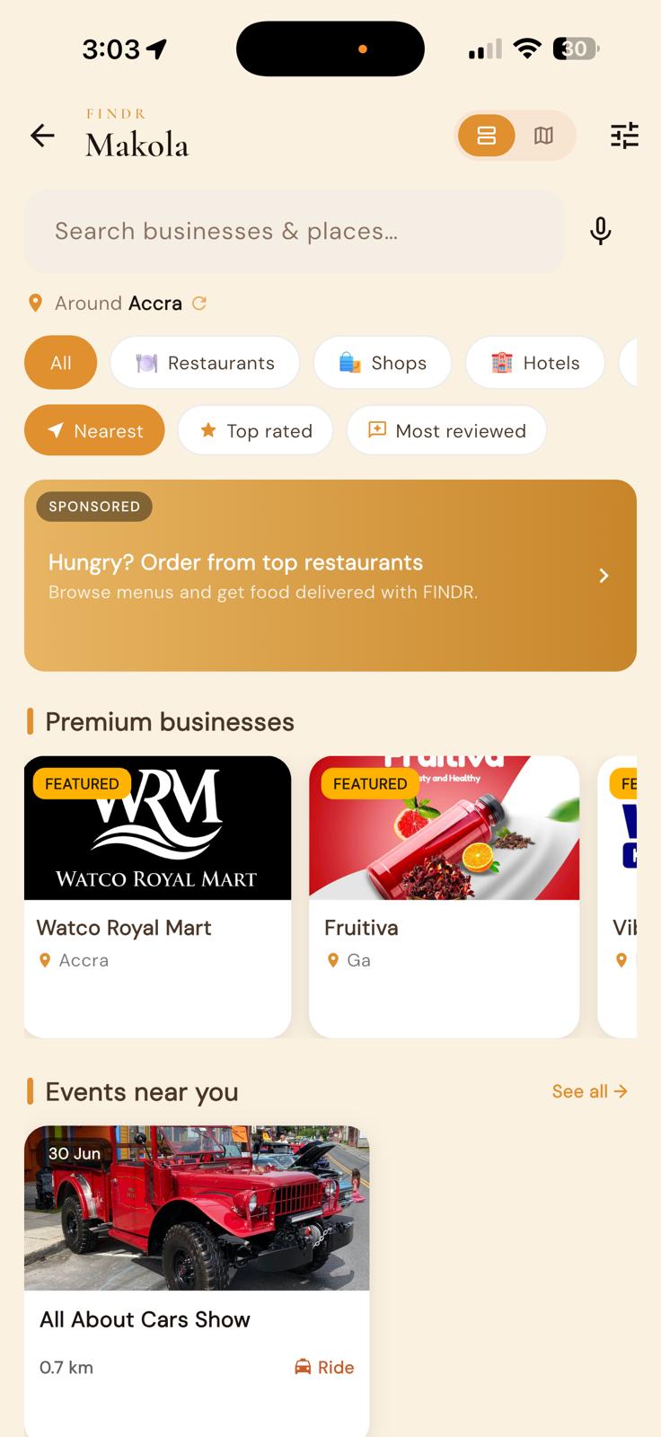 Customers discovering businesses near them on FINDR