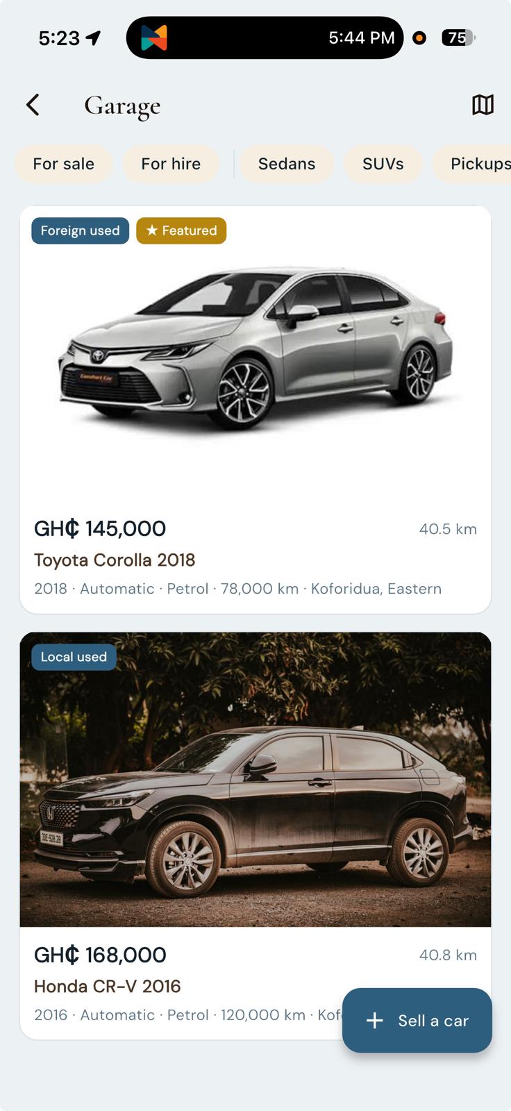 FINDR Garage car listings